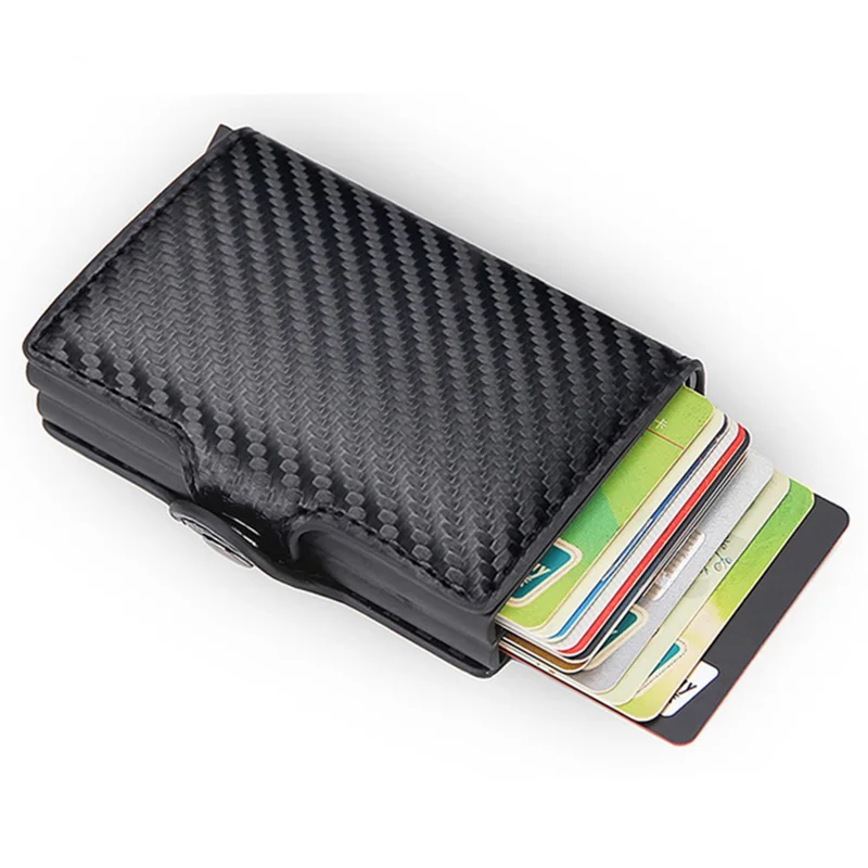 Credit Card Holder RFID Blocking PU Leather + Aluminum Alloy Pop Out Double Layer Card Case - Carbon Fiber+Black