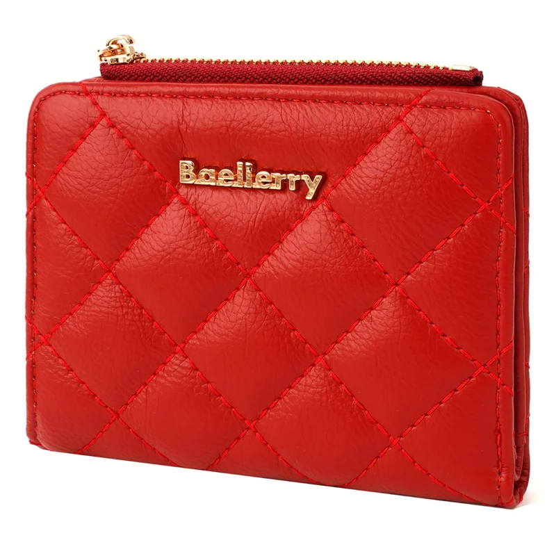 BAELLERRY N2390 Women Zipper Coin Purse Stitching Rhombus PU Leather Bi-fold Short Wallet - Red