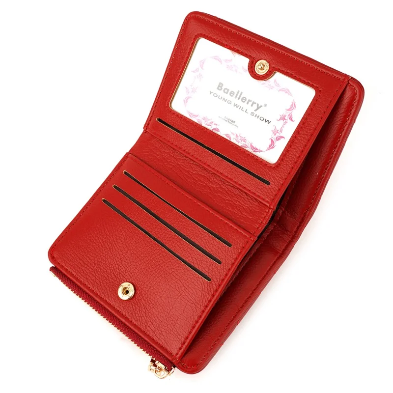 BAELLERRY N2390 Women Zipper Coin Purse Stitching Rhombus PU Leather Bi-fold Short Wallet - Red