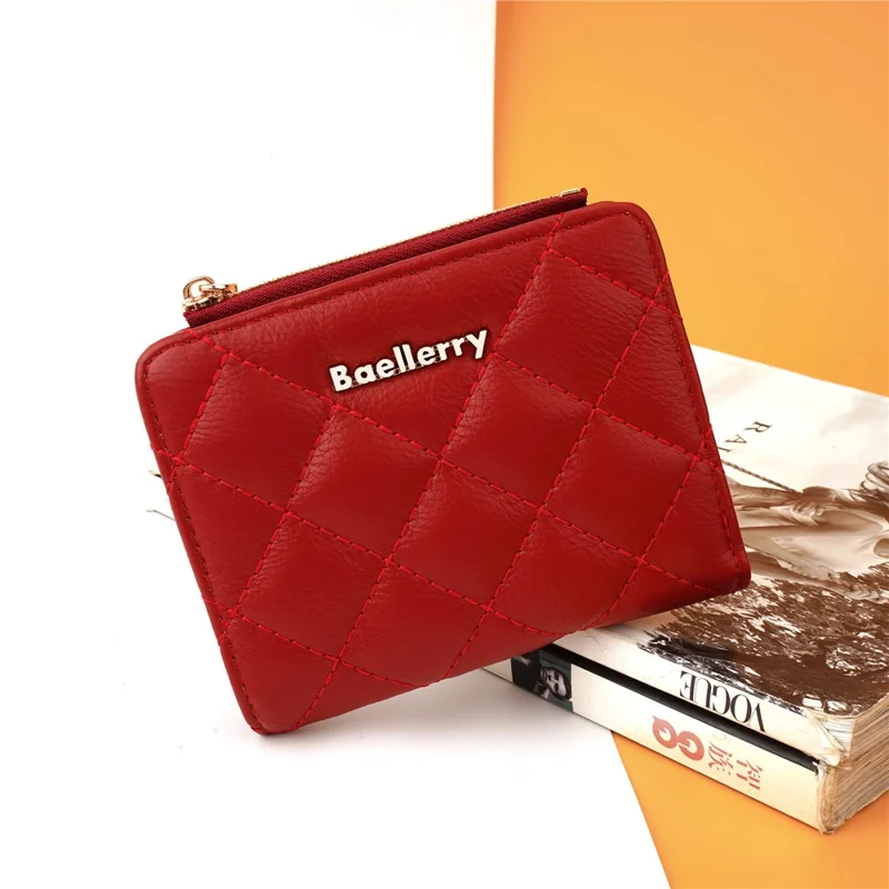 BAELLERRY N2390 Women Zipper Coin Purse Stitching Rhombus PU Leather Bi-fold Short Wallet - Red