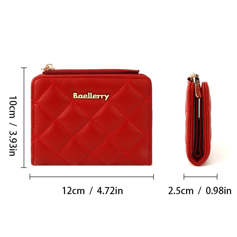 BAELLERRY N2390 Women Zipper Coin Purse Stitching Rhombus PU Leather Bi-fold Short Wallet - Red