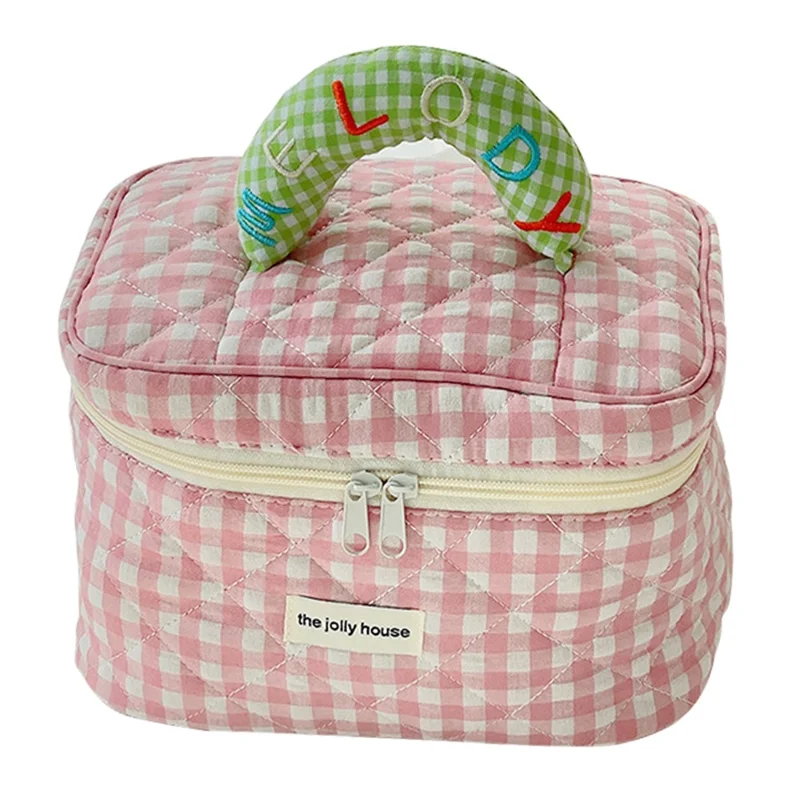 Lovely Grid Design Cosmetics Storage Bag Cloth Zipper Handbag Makeup Bag - Pink