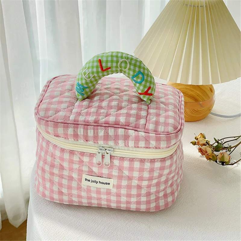 Lovely Grid Design Cosmetics Storage Bag Cloth Zipper Handbag Makeup Bag - Pink