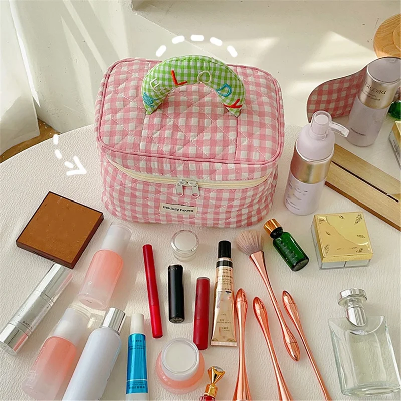 Lovely Grid Design Cosmetics Storage Bag Cloth Zipper Handbag Makeup Bag - Pink