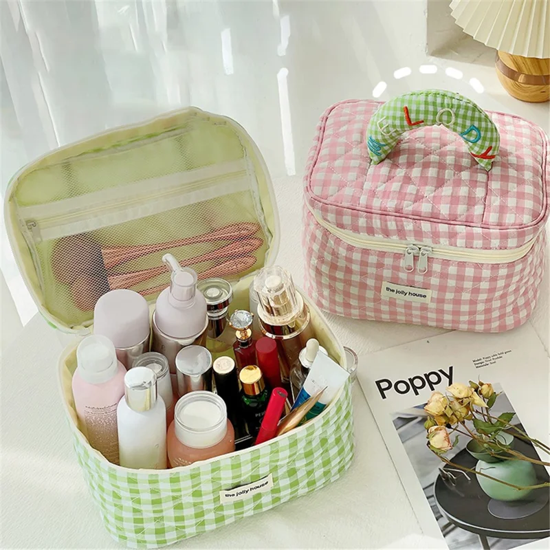 Lovely Grid Design Cosmetics Storage Bag Cloth Zipper Handbag Makeup Bag - Pink