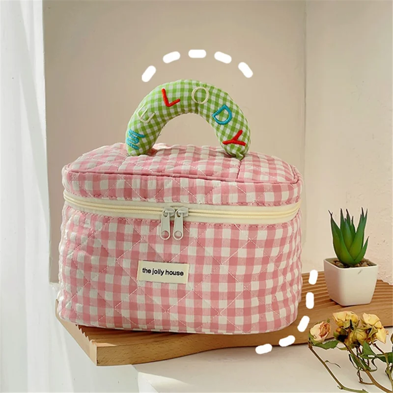 Lovely Grid Design Cosmetics Storage Bag Cloth Zipper Handbag Makeup Bag - Pink