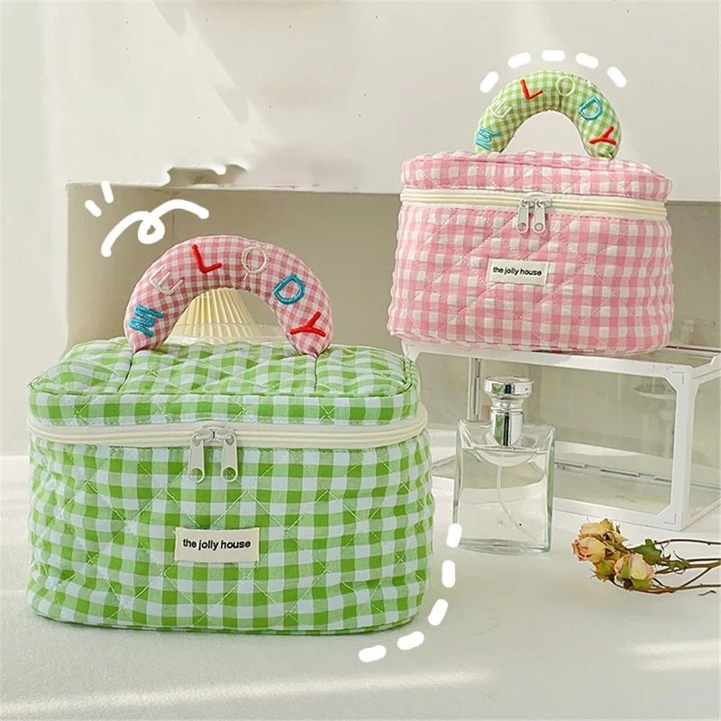 Lovely Grid Design Cosmetics Storage Bag Cloth Zipper Handbag Makeup Bag - Pink