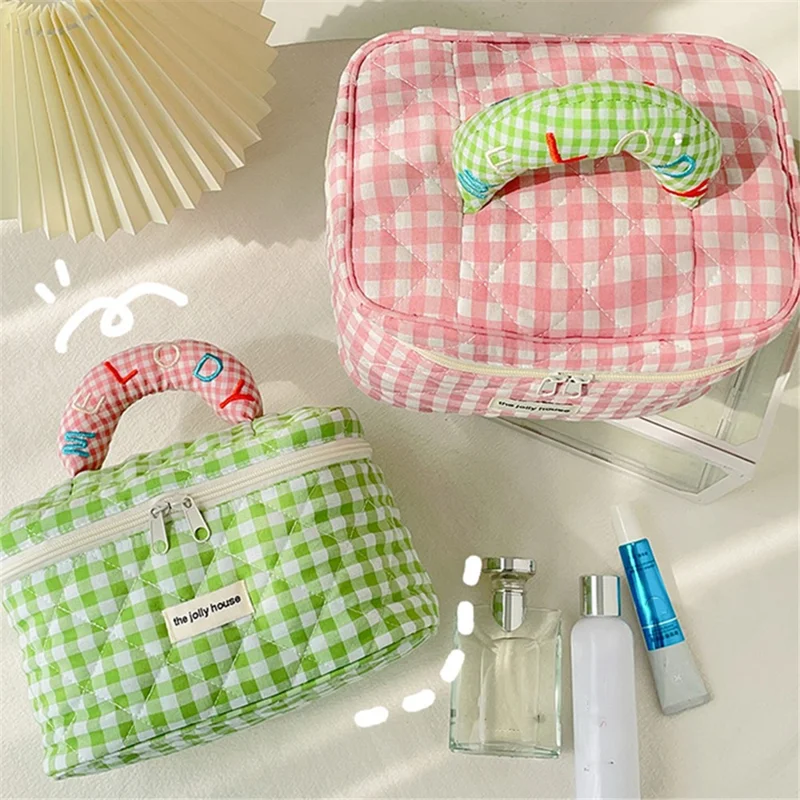 Lovely Grid Design Cosmetics Storage Bag Cloth Zipper Handbag Makeup Bag - Pink