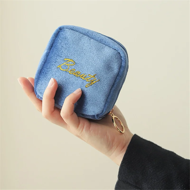 Portable Travel Velvet Cloth Cosmetics Storage Bag Lipsticks Lip Gloss Zipper Storage Bag - Sky Blue