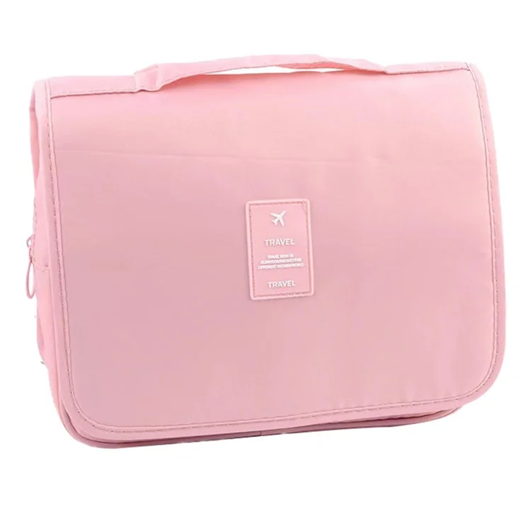 Sac de Toilette Suspendu à Texture Sergé Oxford Imperméable Organisateur de Voyage Grand Sac Cosmétique - Rose
