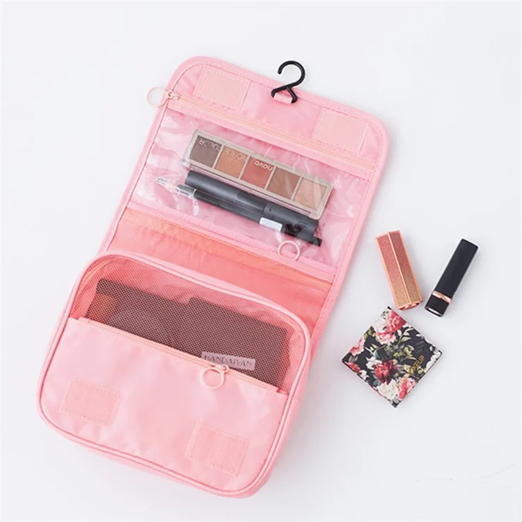 Sac de Toilette Suspendu à Texture Sergé Oxford Imperméable Organisateur de Voyage Grand Sac Cosmétique - Rose