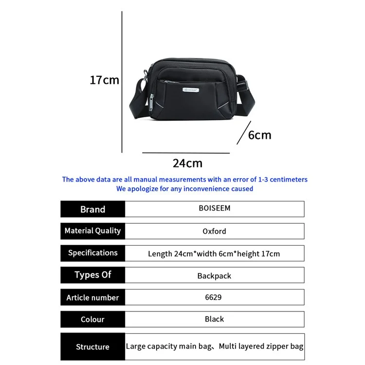 BOISEEN 6629 Sacs à bandoulière Messenger Bags pour hommes Sling Sacs imperméables en Oxford pour le travail et les affaires