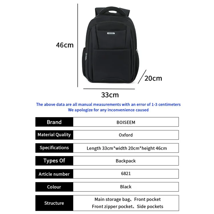 BOISEEN 6821 Mochila Grande para Hombre Impermeable de Tela Oxford de Negocios Escolar Bolso para Portátil