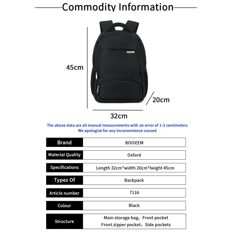 BOISEEN 7116 Borsa da uomo per il business Borsa per laptop Zaino impermeabile in tessuto Oxford - Nero