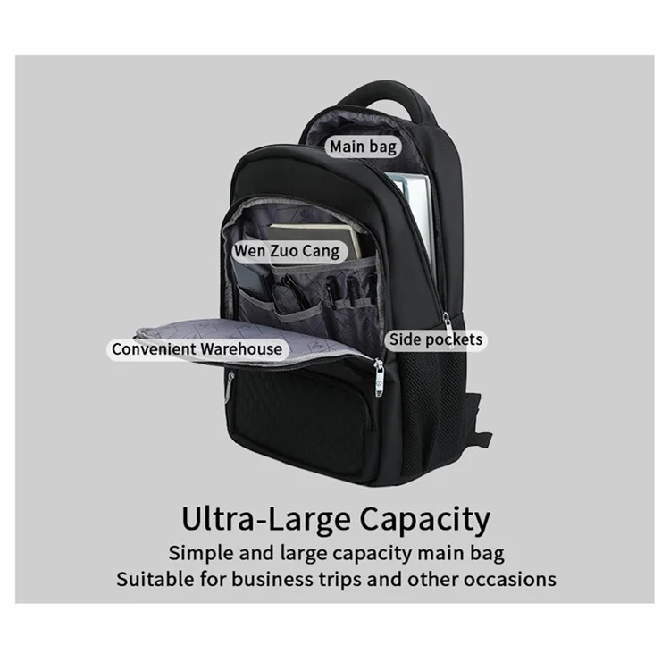 BOISEEN 7116 Borsa da uomo per il business Borsa per laptop Zaino impermeabile in tessuto Oxford - Nero