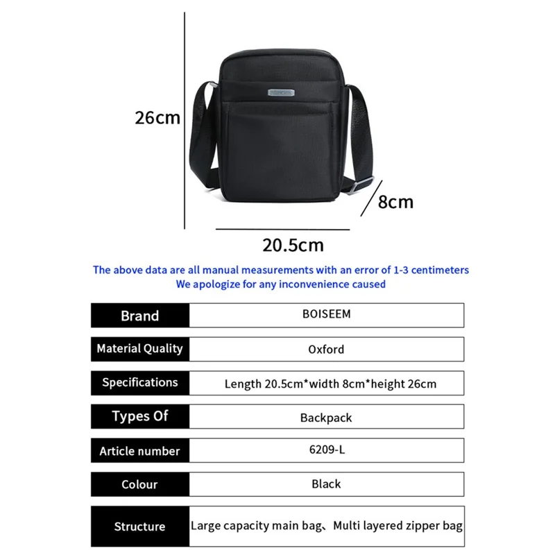 BOISEEN 612L Large Crossbody Bag Men's Business Shoulder Bag Oxford Cloth Boy's Travel Sling Bag - Black