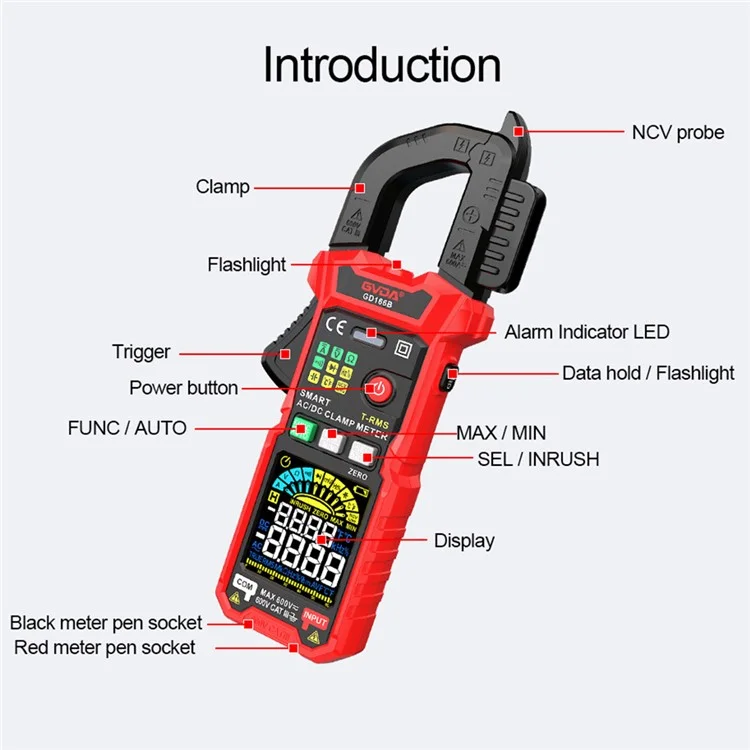 GVDA GD166B 6000 Counts Digital Clamp Meter AC DC Voltage True RMS Clamp Multimeter Capacitance Ohm Hz Amp Tester