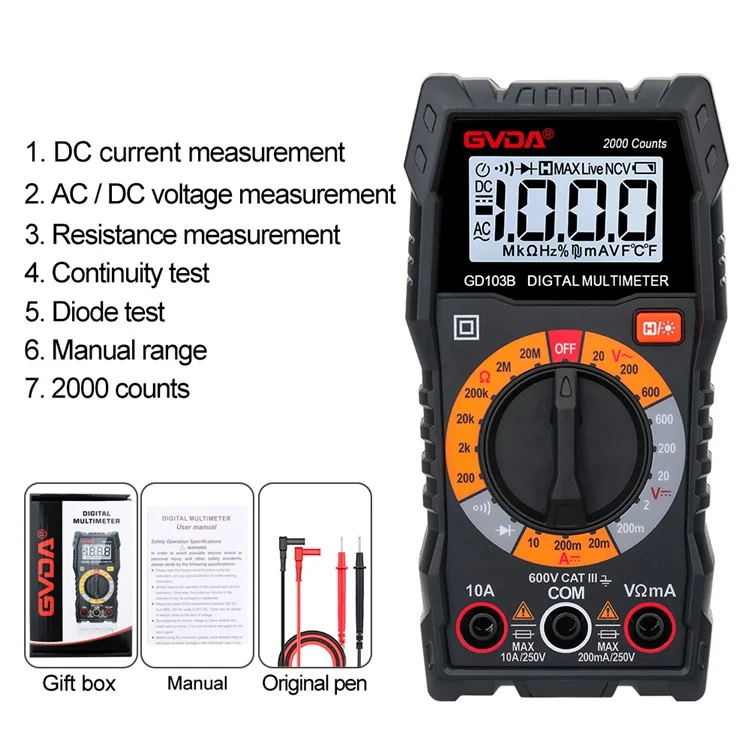 GVDA GD103B Mini Multímetro Digital Retroiluminado DC / Tester Portátil de Corrente de Tensão AC Com Kickstand