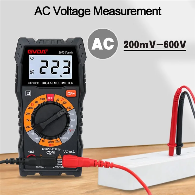 GVDA GD103B Household Mini Backlit Digital Multimeter DC / AC Voltage DC Current Portable Meter Tester with Kickstand