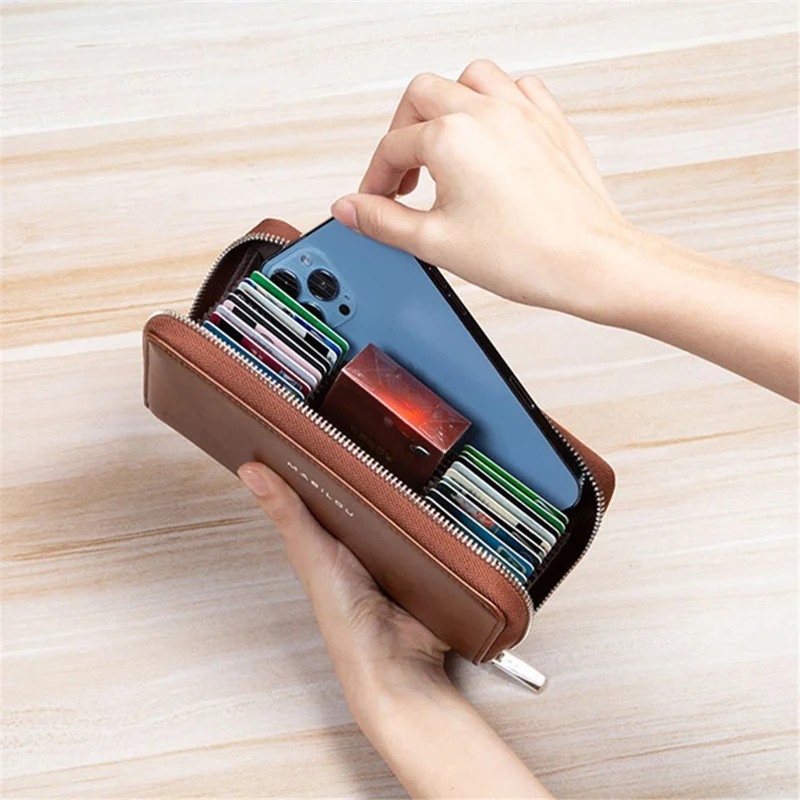 RFID Blocking Card Slots Wallet Split Leather Clutch Hand Bag Purse Cell Phone Holster Pouch Credit Card Holder - Pink