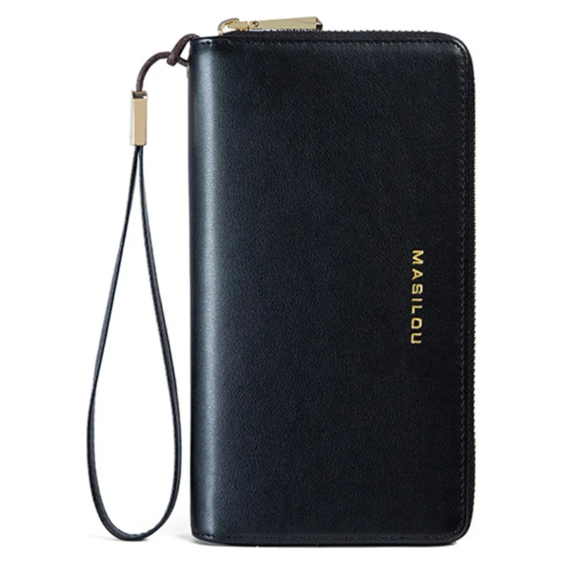 RFID Blocking Card Slots Wallet Split Leather Clutch Hand Bag Purse Cell Phone Holster Pouch Credit Card Holder - Black