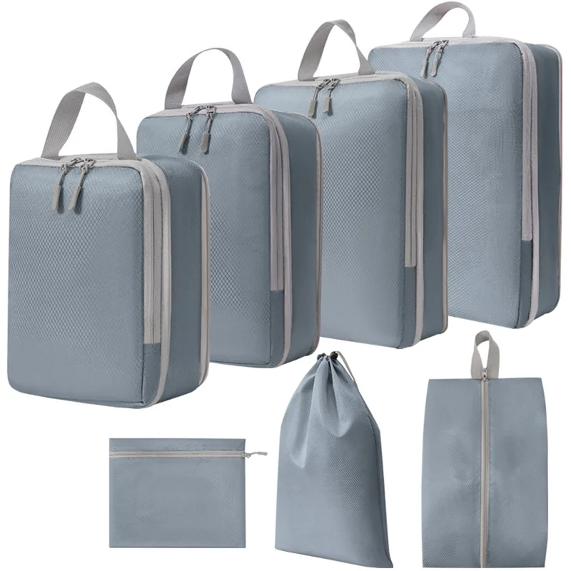 7PCS Polyester Packing Cubes Set Travel Luggage Packing Organizers Compression Storage Bags for Men Women - Grey
