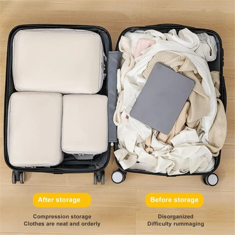 7PCS Polyester Packing Cubes Set Travel Luggage Packing Organizers Compression Storage Bags for Men Women - Grey