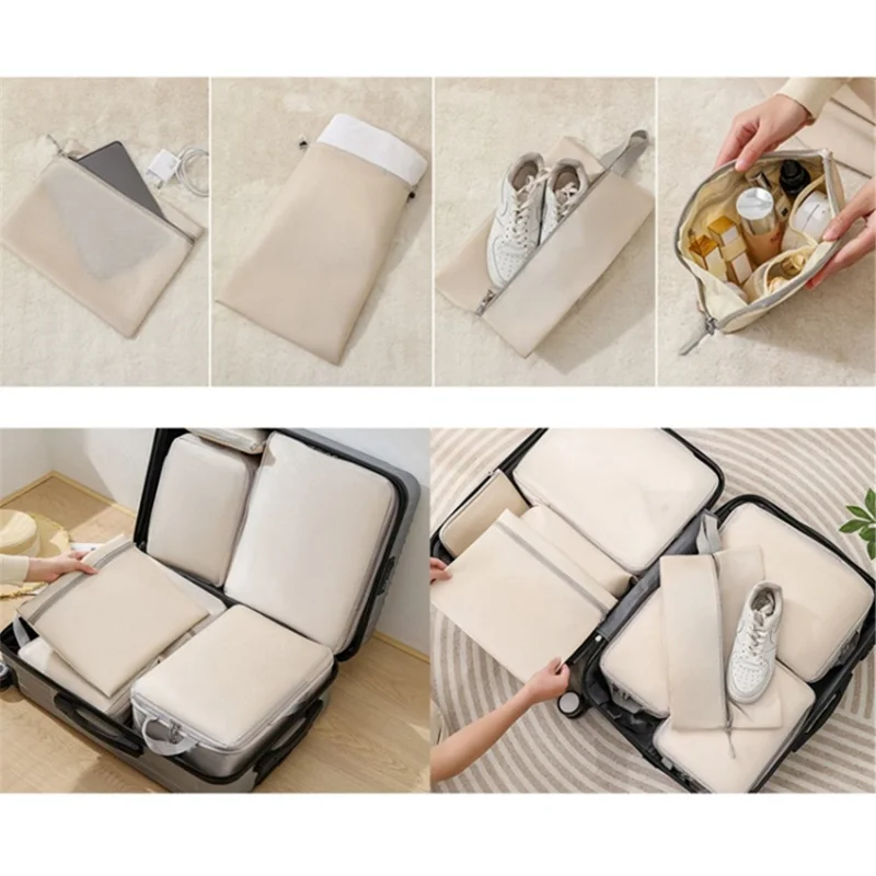 7PCS Polyester Packing Cubes Set Travel Luggage Packing Organizers Compression Storage Bags for Men Women - Grey