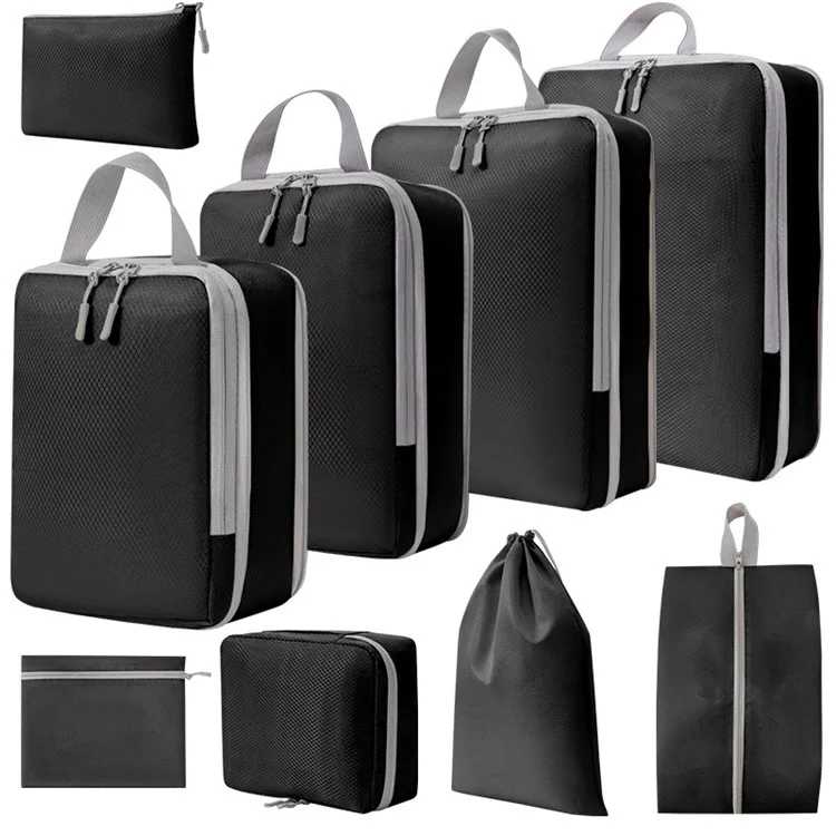 9 Stück Dual-Way Zipper Travel Organizer Taschen Set Polyester Kompression Packwürfel - Schwarz