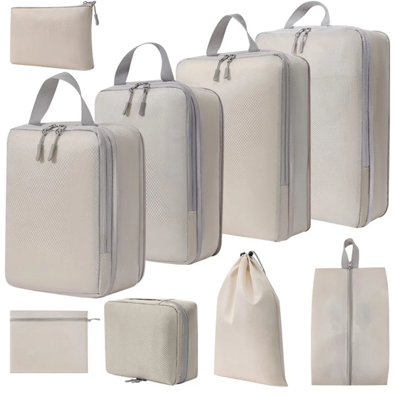 9PCS Dual-Way Zipper Travel Organizer Bags Set Polyester Compression Packing Cubes - Beige