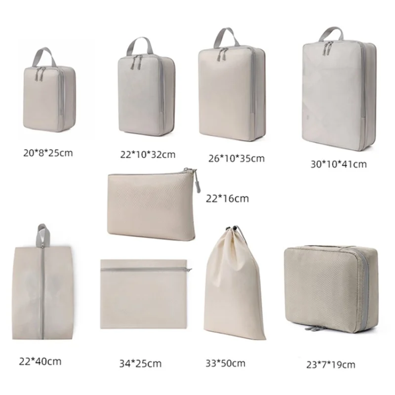9PCS Dual-Way Zipper Travel Organizer Bags Set Polyester Compression Packing Cubes - Beige