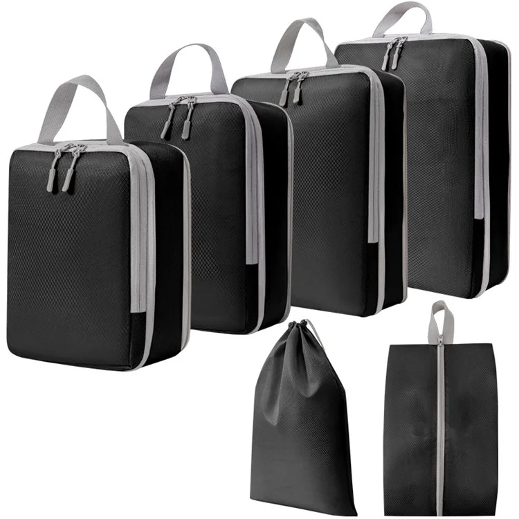 6PCS Large Compression Packing Cubes Polyester Luggage Organizer Bags Pouches Set for Travel Essentials - Black