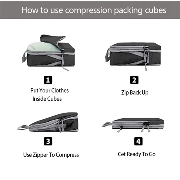 6PCS Large Compression Packing Cubes Polyester Luggage Organizer Bags Pouches Set for Travel Essentials - Black