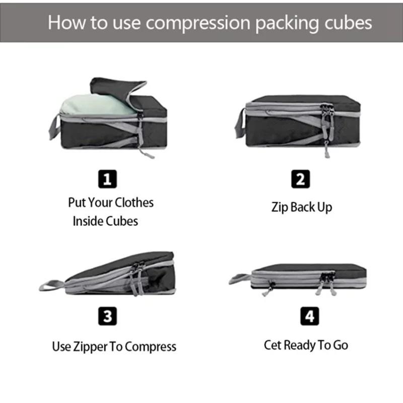 4PCS Polyester Compression Packing Cubes Travel Organizer Bags to Maximize Space in Luggage - Black