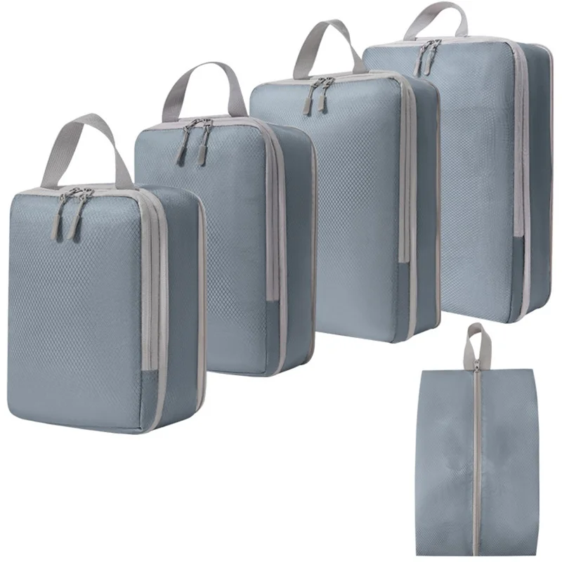 5PCS Travel Clothes Organizer Bags Polyester Compression Packing Cubes Pouches to Maximize Space in Luggage - Grey