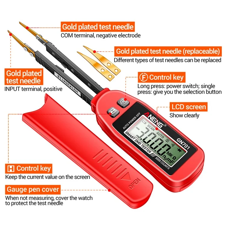 ANENG GN701 Digitaler intelligenter SMD-Tester, elektrischer Multimeter, Widerstand, Kapazität, Durchgangsprüfung, Diodenprüfung