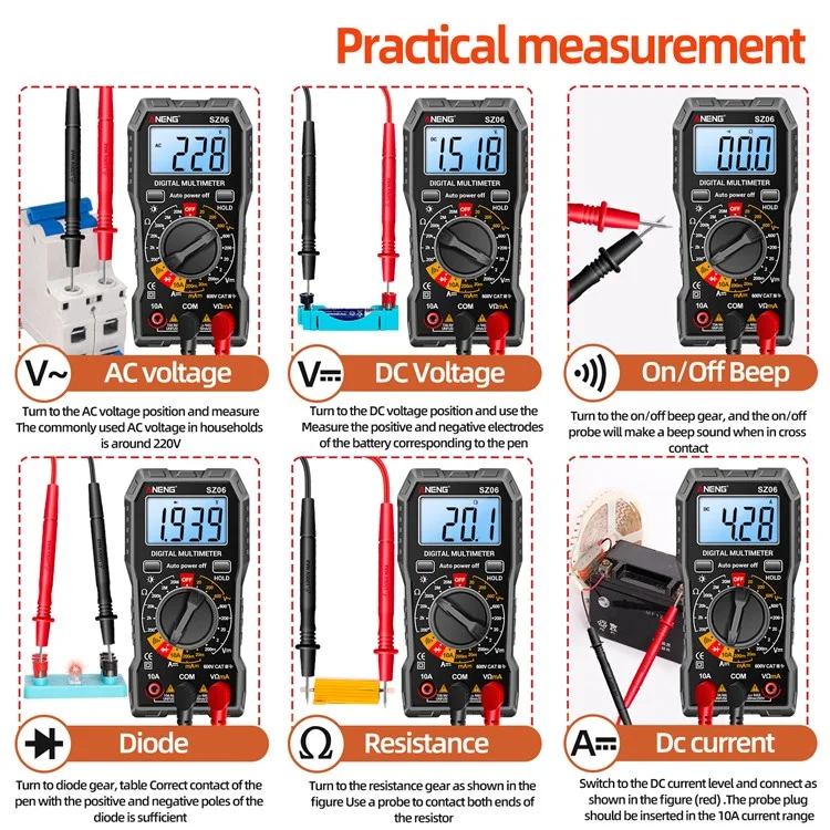 ANENG SZ06 2000 Counts Digital Multimeter Voltage Resistance Meter AC / DC Ammeter Voltmeter Ohm Tester with LCD Backlight - Grey