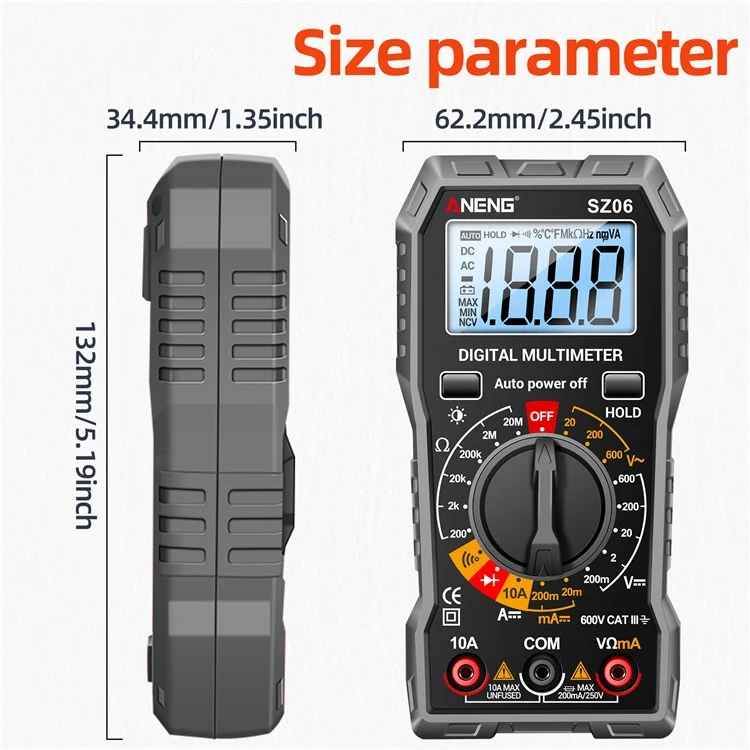 ANENG SZ06 2000 Counts Digital Multimeter Voltage Resistance Meter AC / DC Ammeter Voltmeter Ohm Tester with LCD Backlight - Grey