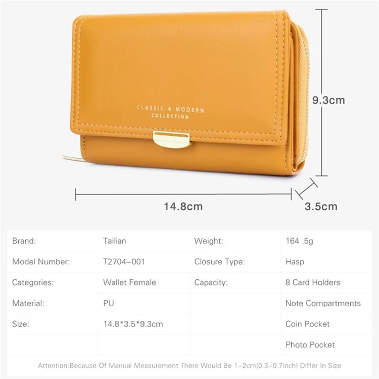 TAILIAN T2704-001 Multiple Card Slots Wallet Tri-fold Design PU Leather Card Storage Holder for Women - Yellow