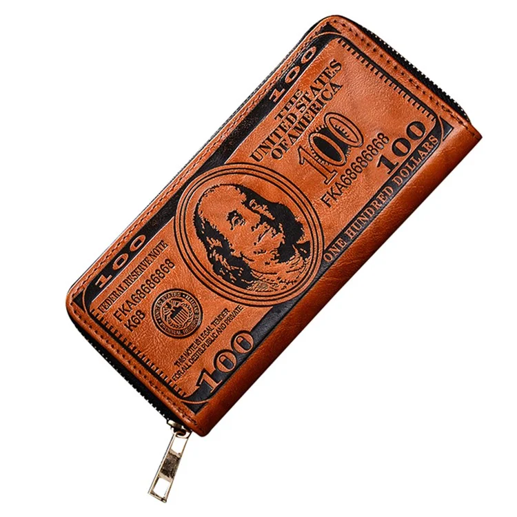 PU Leather Wallet Card Holder Billfold Coin Cash Storage Bag with Retro Imprinted Dollar Pattern - Light Brown
