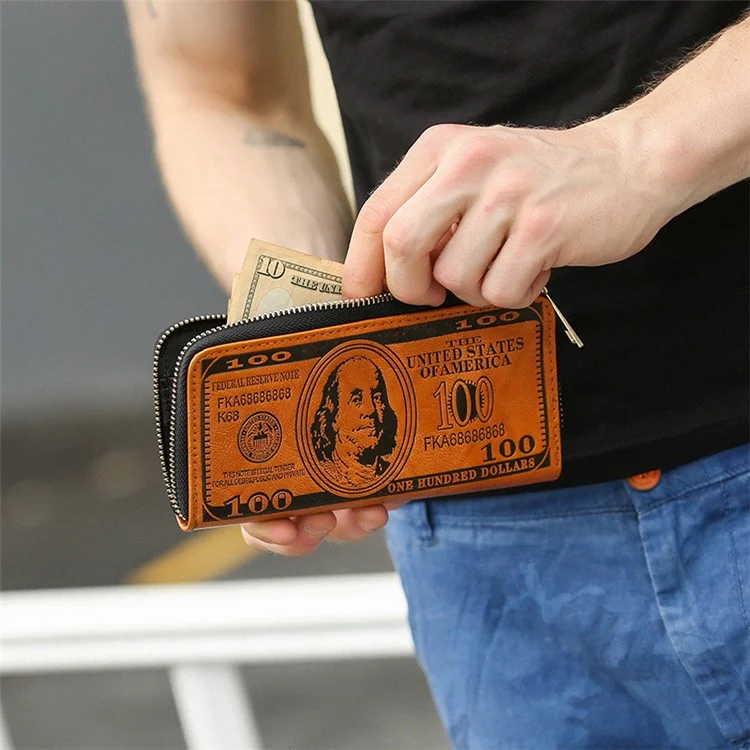 PU Leather Wallet Card Holder Billfold Coin Cash Storage Bag with Retro Imprinted Dollar Pattern - Light Brown
