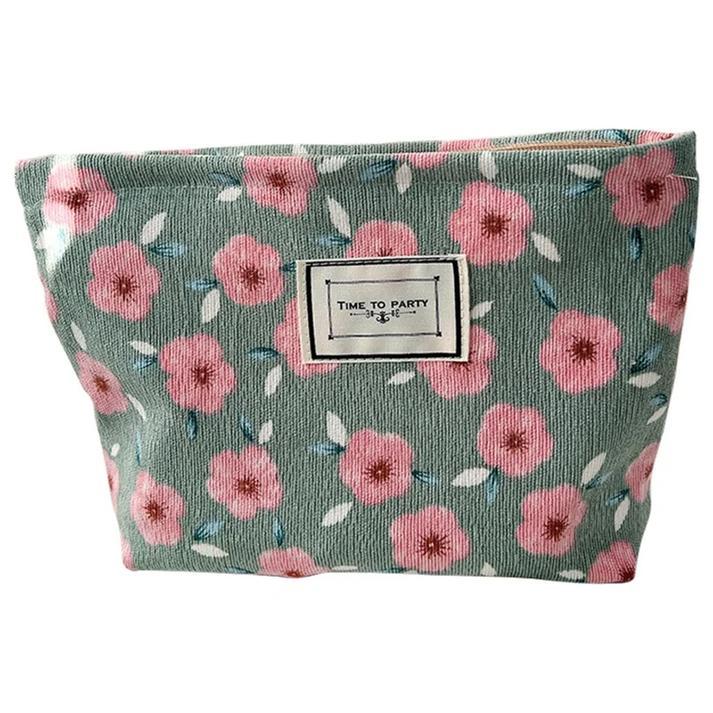 Travel Corduroy Makeup Bag Vintage Flower Pattern Smooth Zipper Toiletry Pouch - Cherry Blossom