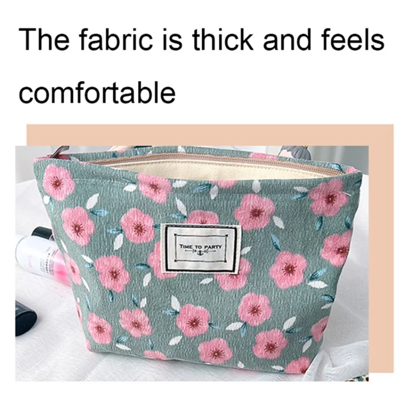 Travel Corduroy Makeup Bag Vintage Flower Pattern Smooth Zipper Toiletry Pouch - Cherry Blossom