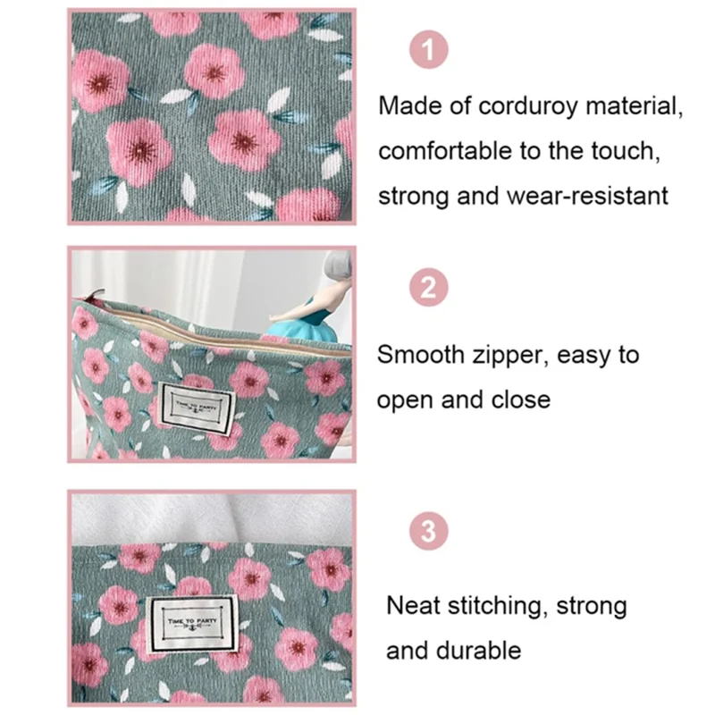 Travel Corduroy Makeup Bag Vintage Flower Pattern Smooth Zipper Toiletry Pouch - Cherry Blossom