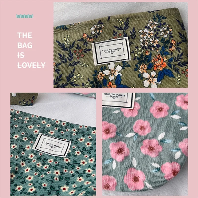 Travel Corduroy Makeup Bag Vintage Flower Pattern Smooth Zipper Toiletry Pouch - Cherry Blossom