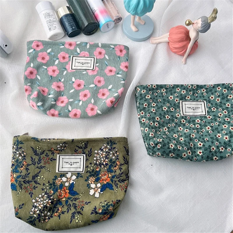 Travel Corduroy Makeup Bag Vintage Flower Pattern Smooth Zipper Toiletry Pouch - Cherry Blossom