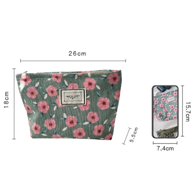 Travel Corduroy Makeup Bag Vintage Flower Pattern Smooth Zipper Toiletry Pouch - Cherry Blossom