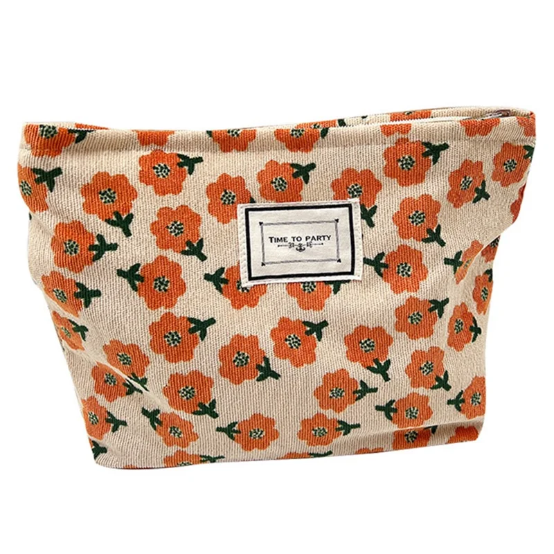 Portable Makeup Bag Vintage Flower Pattern Corduroy Travel Toiletry Organizer Zipper Pouch - Orange