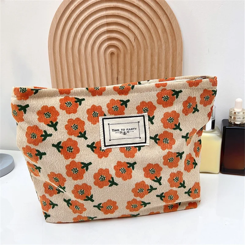 Portable Makeup Bag Vintage Flower Pattern Corduroy Travel Toiletry Organizer Zipper Pouch - Orange