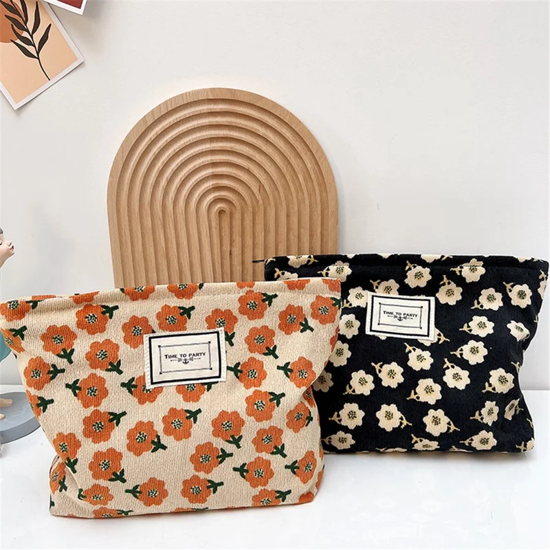 Portable Makeup Bag Vintage Flower Pattern Corduroy Travel Toiletry Organizer Zipper Pouch - Orange